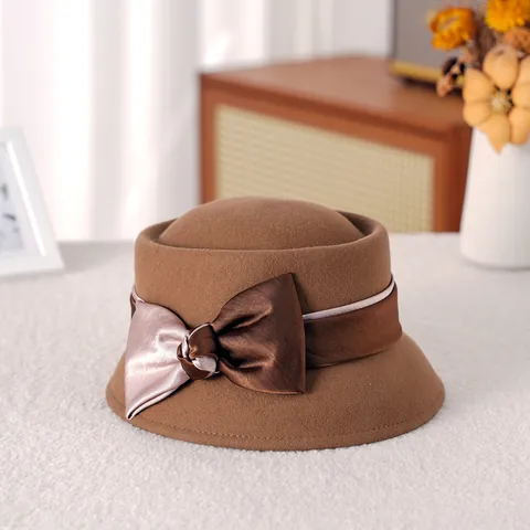 Französischer Vintage Wollfilz Fedora Hut mit Schleife Eleganter Winter Cloche Hut mit Kurzer Krempe für Damen