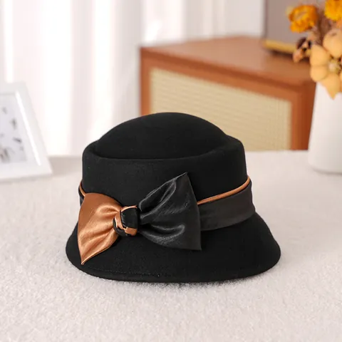 Französischer Vintage Wollfilz Fedora Hut mit Schleife Eleganter Winter Cloche Hut mit Kurzer Krempe für Damen