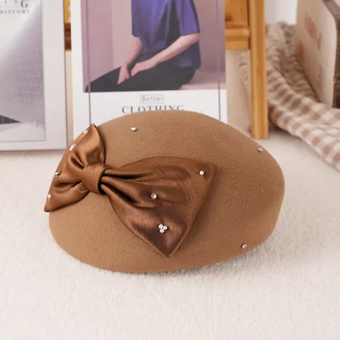 Vintage French Wool Beret Hat for Women with Large Satin Ribbon Bow Artificial Pearl Rhinestone Decor Elegant Winter Fall Beanie