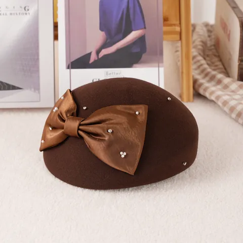 Vintage French Wool Beret Hat for Women with Large Satin Ribbon Bow Artificial Pearl Rhinestone Decor Elegant Winter Fall Beanie