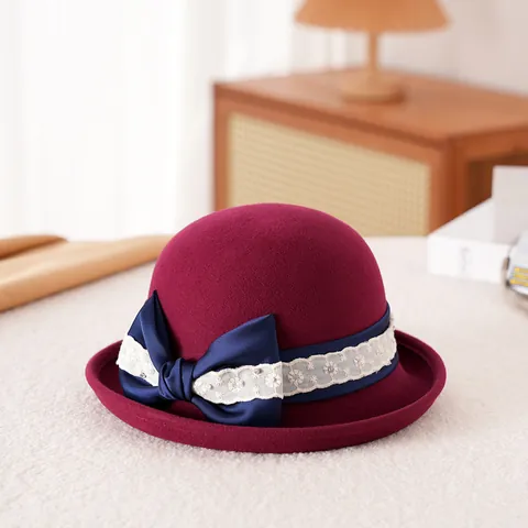 Women Vintage Woolen Felt Cloche Hat With Satin Bow Lace Pearl Rhinestone Elegant Winter Warm Bucket Hat For Ladies Party