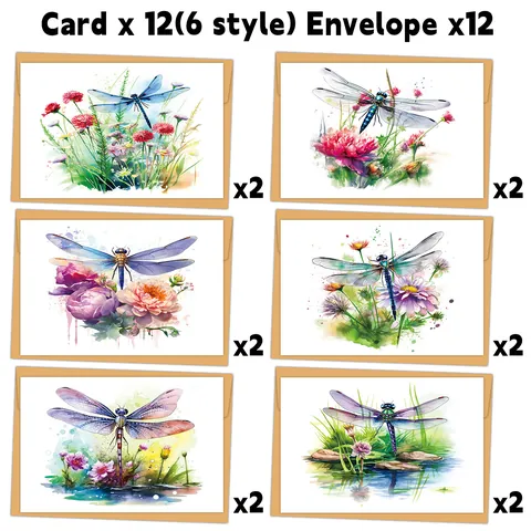 Watercolor Dragonfly Birthday Greeting Cards With Kraft Envelopes Floral Blank Note Cards For All Occasions Message Cards