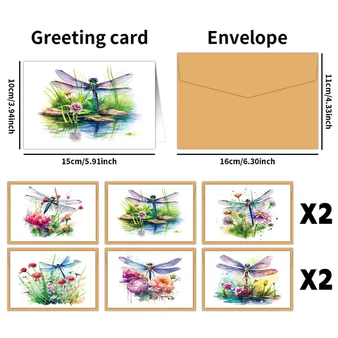 Watercolor Dragonfly Birthday Greeting Cards With Kraft Envelopes Floral Blank Note Cards For All Occasions Message Cards