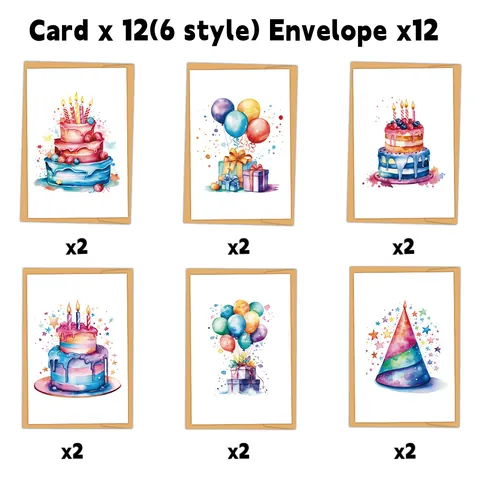 Watercolor Birthday Greeting Cards With Envelopes Hand Painted Cake Balloon Pattern Blank Note Cards For Party Celebration
