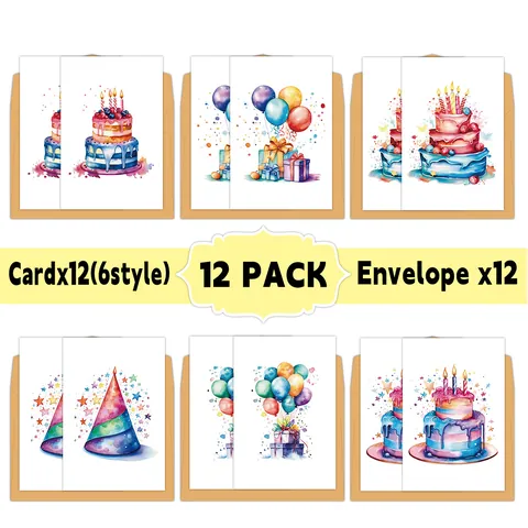 Watercolor Birthday Greeting Cards With Envelopes Hand Painted Cake Balloon Pattern Blank Note Cards For Party Celebration