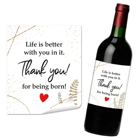 Étiquettes de Bouteille de Vin Drôles Merci d'être Né Autocollants en PVC Imperméables Décoration de Table d'Anniversaire