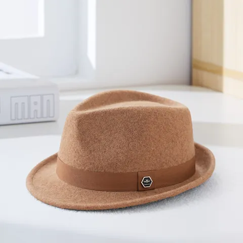 Vintage 100% Pure Wool Fedora Hat For Men Autumn Winter Warm Rolled Brim Jazz Cap With Metal Hexagram Buckle