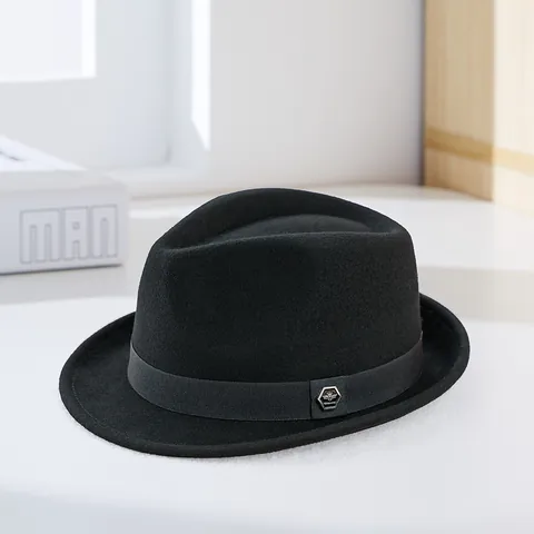 Vintage 100% Pure Wool Fedora Hat For Men Autumn Winter Warm Rolled Brim Jazz Cap With Metal Hexagram Buckle
