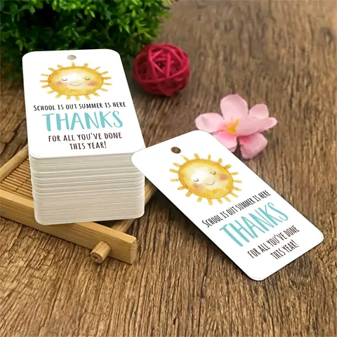 Summer Teacher Appreciation Gift Tags Paper Cartoon Sun Pattern Hanging Labels Hemp Rope Graduation Party Decor