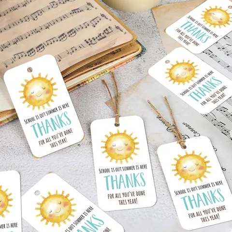 Summer Teacher Appreciation Gift Tags Paper Cartoon Sun Pattern Hanging Labels Hemp Rope Graduation Party Decor