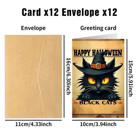 Halloween Schwarze Katze Grußkarten Mit Umschlägen Vintage Illustrationsstil Party Einladung Feiertag Schreibwaren