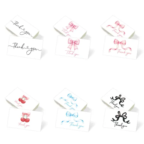 Minimalist Hand Drawn Bow Thank You Cards White Cardboard Greeting Message Cards For Small Business Wedding Party Gift Packaging