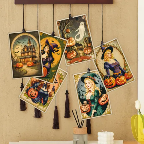 Vintage Halloween Postcards Witch Pumpkin Ghost Haunted House Decorative Wall Art Postcards Retro Holiday Poster Cards For Home Room Decor