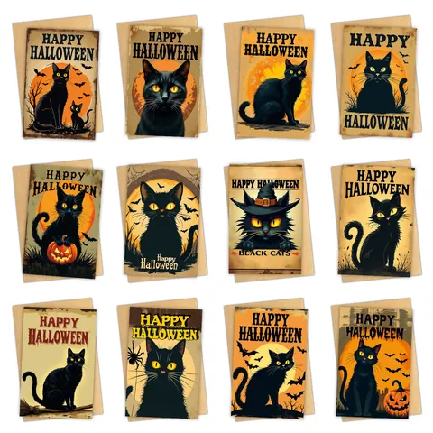 Halloween Schwarze Katze Grußkarten Mit Umschlägen Vintage Illustrationsstil Party Einladung Feiertag Schreibwaren