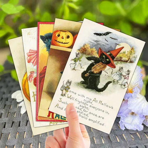 Vintage Halloween Greeting Cards With Kraft Envelopes Retro Illustration Black Cat Pumpkin Witch Bat Greeting Card Set For Halloween Party Invitation Blessing Cards