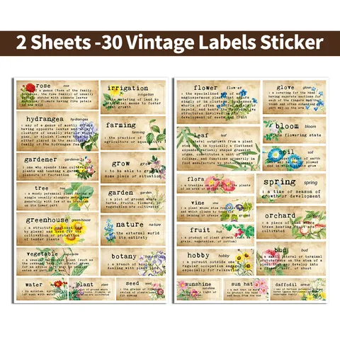 Vintage Botanical Dictionary Stickers Waterproof Retro Floral Leaf Adhesive Labels For Scrapbooking Journaling DIY Decor