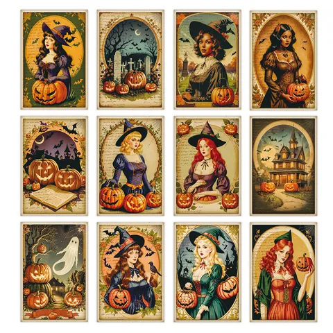 Vintage Halloween Postcards Witch Pumpkin Ghost Haunted House Decorative Wall Art Postcards Retro Holiday Poster Cards For Home Room Decor