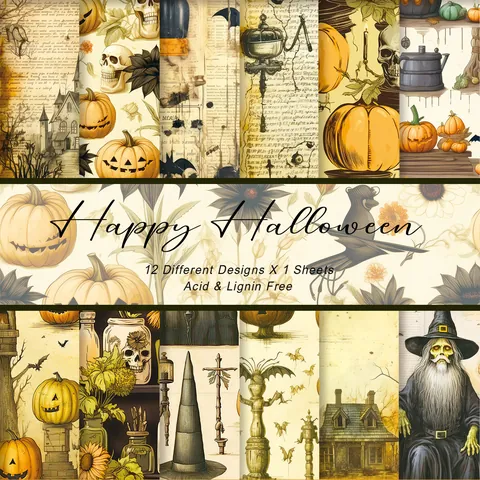 Vintage Halloween Scrapbook Material Paper With Pumpkin Wizard Skull Patterns For DIY Journaling Decorative Cardstock