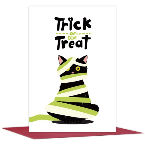 Carte de Voeux Halloween Amusante Avec Enveloppe Rouge Chat Noir Momie Trick Or Treat Carte de Dessin Animé Pour Cadeaux de Fête d'Enfants Amis