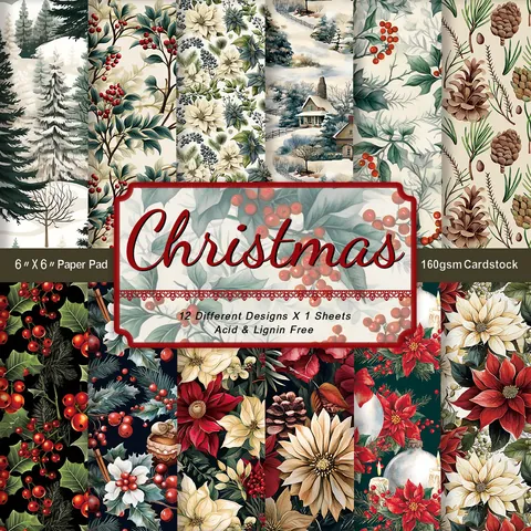 Christmas Scrapbook Paper Pad Vintage Berry Pinecone Snow Patterns Acid Lignin Free Cardstock For DIY Crafts Decoration