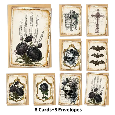 Gothic Halloween Grußkarten Mit Umschlägen Vintage Dunkle Ästhetik Totenkopf Schwarze Rose Fledermaus Postkarten Für Party