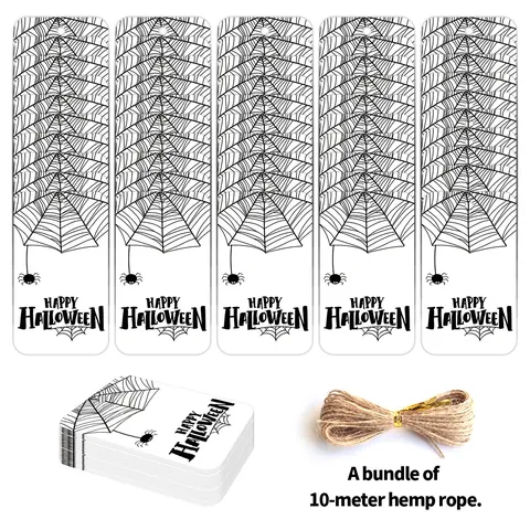 Halloween Paper Gift Tags With Hemp Rope Cartoon Spider Web Pumpkin Ghost Pattern Festive Party Label Decor Hanging Tags