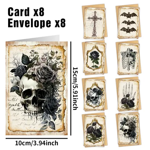 Gothic Halloween Grußkarten Mit Umschlägen Vintage Dunkle Ästhetik Totenkopf Schwarze Rose Fledermaus Postkarten Für Party