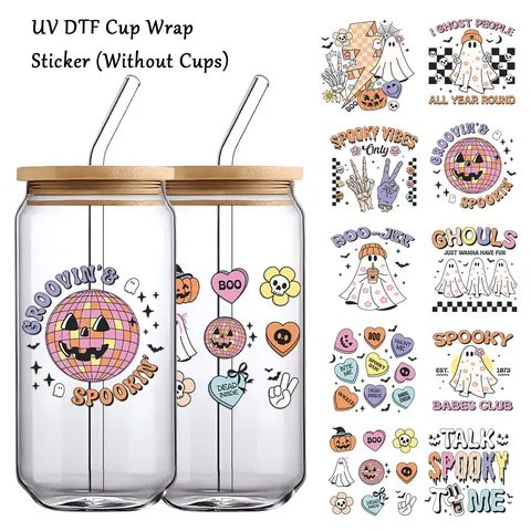 Retro Halloween UV DTF Cup Wrap Stickers PVC Waterproof Transfer Decals Ghosts Pumpkins Skulls For DIY Glass Decoration