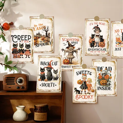 Cartoline di Halloween Vintage Adesivo Decorativo da Parete Retro Gatto Nero Zucca Spaventapasseri Illustrazione Biglietti d'Auguri