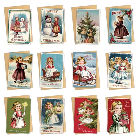 Vintage Weihnachten Grußkarten Mit Umschlägen Retro Weihnachtsmann Schneemann Weihnachtsbaum Illustration Grußkarten