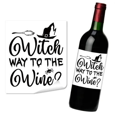 Pegatinas para Botellas de Vino de Halloween Etiquetas Adhesivas Impermeables Patrón Bruja Calavera para Decoración Bebidas Fiesta
