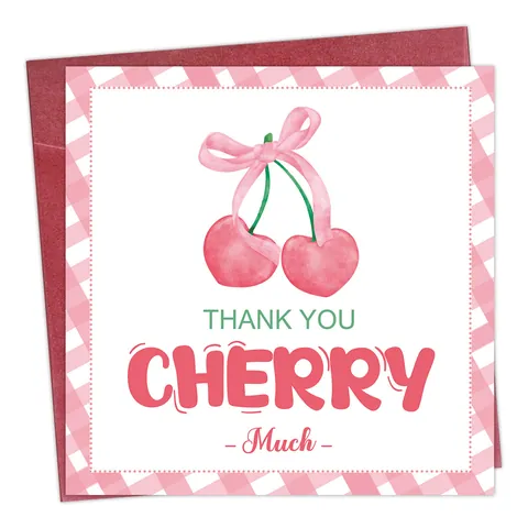 Biglietto di Auguri Ciliegia Con Busta Rossa Disegno ad Acquerello Cuore Ciliegia Rosa Gingham Carta Regalo Per Amici Donne