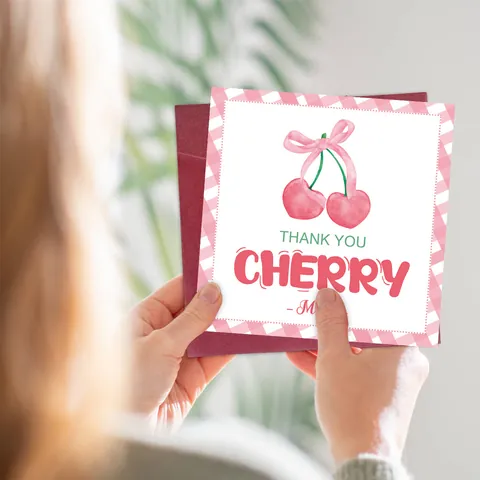 Biglietto di Auguri Ciliegia Con Busta Rossa Disegno ad Acquerello Cuore Ciliegia Rosa Gingham Carta Regalo Per Amici Donne