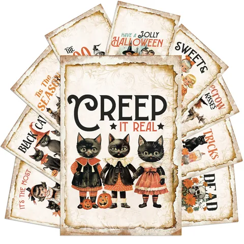 Cartoline di Halloween Vintage Adesivo Decorativo da Parete Retro Gatto Nero Zucca Spaventapasseri Illustrazione Biglietti d'Auguri