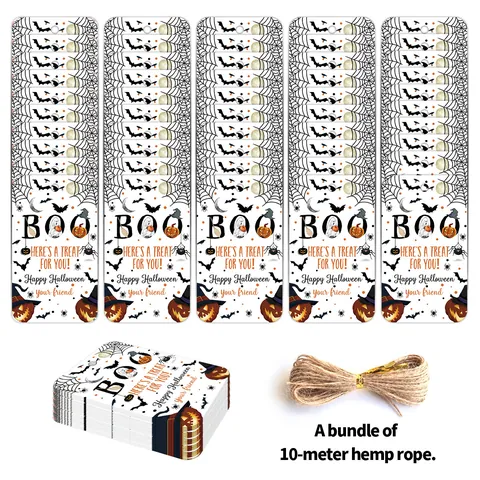 Halloween Paper Gift Tags With Hemp Rope 50pcs Set Pumpkin Bat Ghost Pattern DIY Gift Wrapping Hang Tags Party Supplies