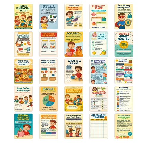 Carte Educative sulla Consapevolezza Finanziaria Gestione del Denaro Apprendimento Bambini Risorse Didattiche Competenze Monetarie di Base