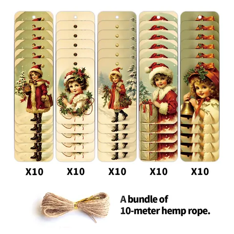 Vintage Christmas Gift Tags With Hemp Rope Cardboard Hanging Labels For Tree Decoration Holiday Gift Wrapping Accessories