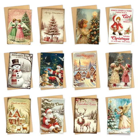 Vintage Christmas Greeting Cards Assorted Holiday Cards With Kraft Envelopes Santa Claus Snowman Reindeer Angel Designs