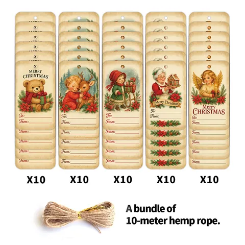 Vintage Weihnachten Geschenkanhänger Karton Hängeetiketten Mit Hanfseil Für Geschenkverpackung Party Santa Rentier Bär Muster