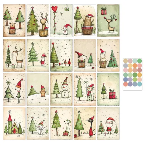 Vintage Kerst Muurstickers Wenskaarten Retro Cartoon Kat Rendier Kerstman Feestdag Thuis Decoratie Feestelijke Kantoorartikelen Cadeau