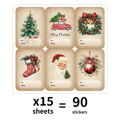 Vintage Christmas Gift Tags Stickers Self Adhesive Festive Decorative Name Labels For Holiday Presents Wrapping Hand Drawn Designs