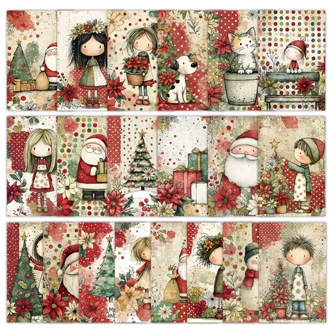 Retro Christmas Decorative Cards Watercolor Illustration Postcards For Home Wall Desktop Decor Santa Claus Xmas Tree Pattern