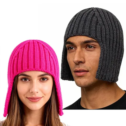 Winter Warm Knit Beanie Hat With Ear Flaps For Men Women Fashion Solid Color Ribbed Acrylic Pullover Cold Hat Windproof
