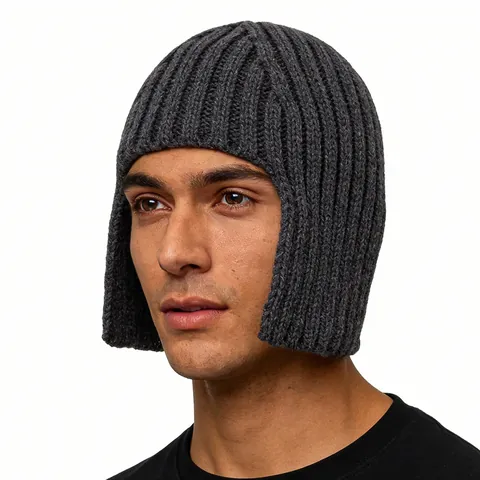 Winter Warm Knit Beanie Hat With Ear Flaps For Men Women Fashion Solid Color Ribbed Acrylic Pullover Cold Hat Windproof