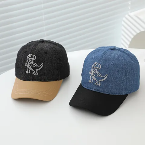 Berretto da Baseball in Denim Ricamato con Dinosauri per Bambini Colore a Contrasto Cappello Parasole Regolabile