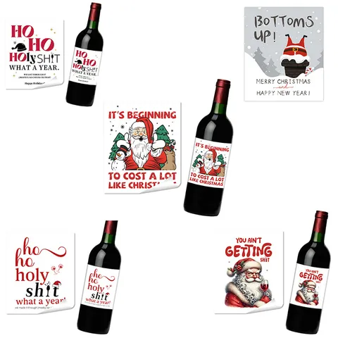 Christmas Wine Bottle Stickers PVC Humorous Santa Snowman Labels Waterproof Holiday Party Self Adhesive Bottle Decor For Dinner Celebration Gift
