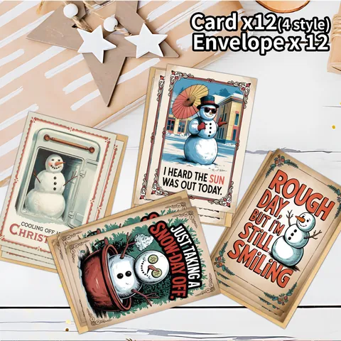 12 Packungen Weihnachtsgrusskarten Mit Umschlägen Retro Humorvolle Schneemann Weihnachtsmann Illustration Geschenk Karten