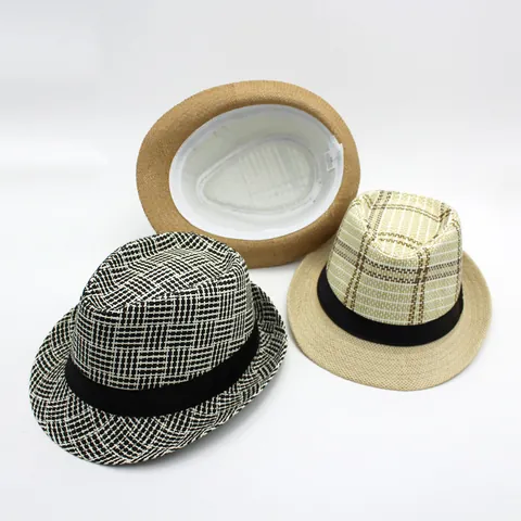Cappello da Sole Fedora in Paglia a Quadri Unisex Traspirante in Paglia di Carta con Fascia Nera per Uomo Donna Estate