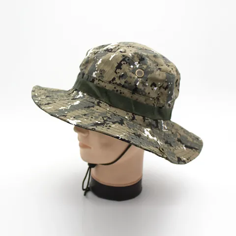Outdoor Tactical Boonie Hat Camouflage Wide Brim Bucket Hat With Chin Strap Breathable Fishing Hiking Sun Hat For Men Women
