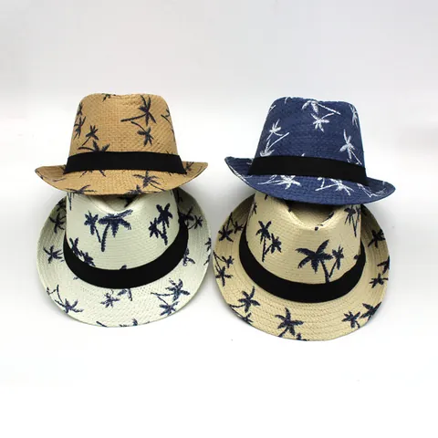 Chapeau Fedora en Paille d'Été Imprimé Cocotier Chapeau de Soleil de Plage Avec Ruban Noir pour Hommes Femmes Enfants Vacances